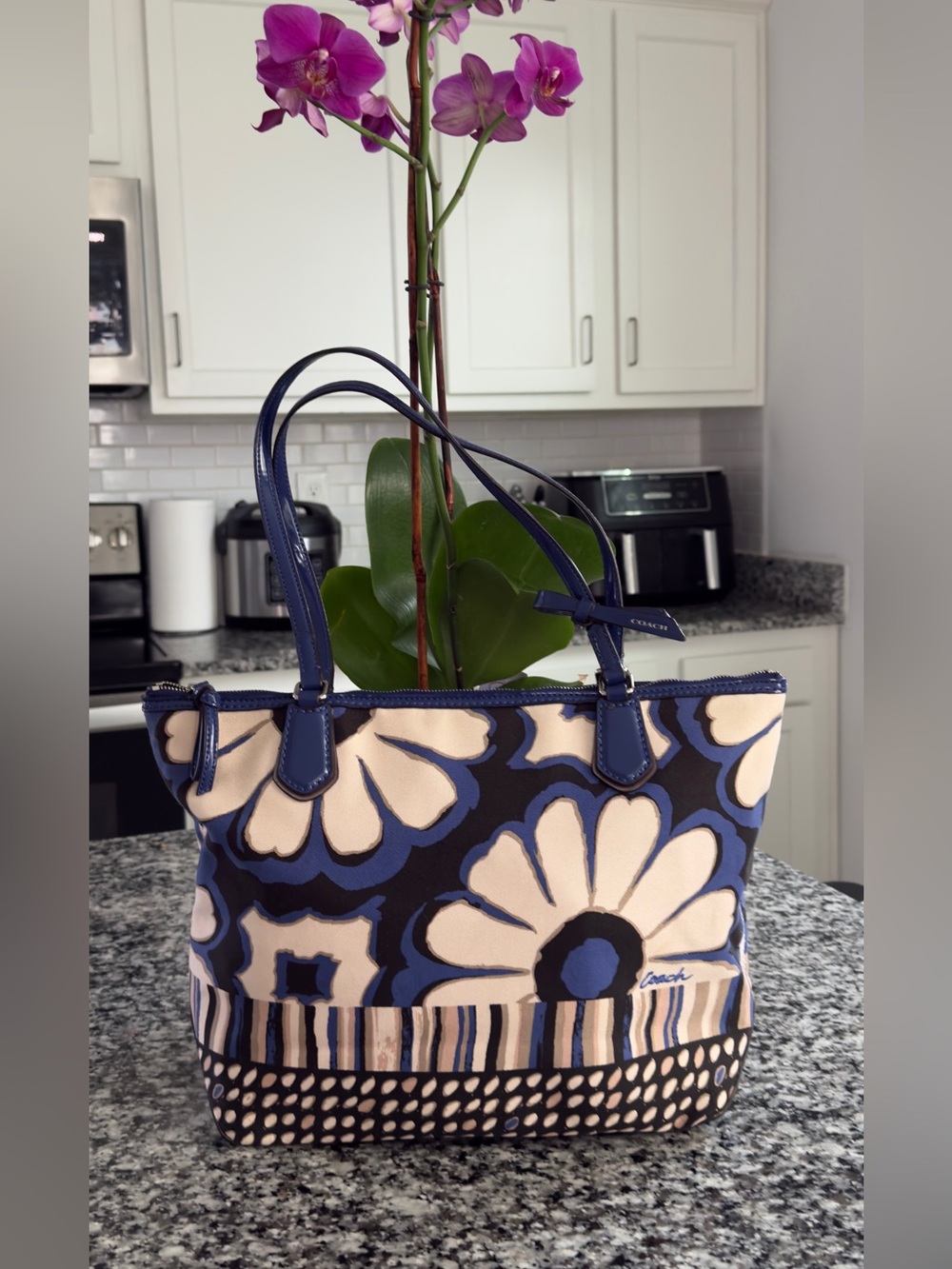 Coach Floral Canvas Tote in Navy and Cream